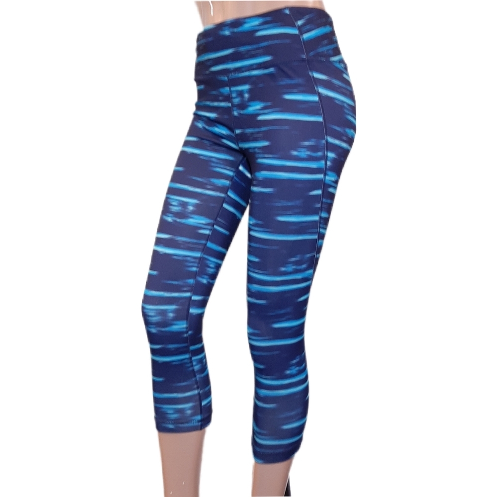 Striped Capri Leggings Athletic Sporty Blue High Waisted Zip Pocket Size Small
